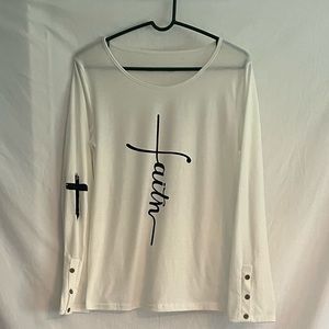 Women’s white FAITH small long sleeve T-shirt  $11